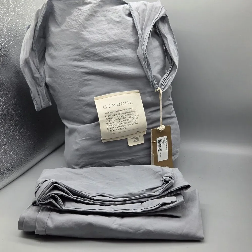 Coyuchi 100% Organic Percale Cotton Cal-King Sheet Set Steel Blue 300TC GOTS New